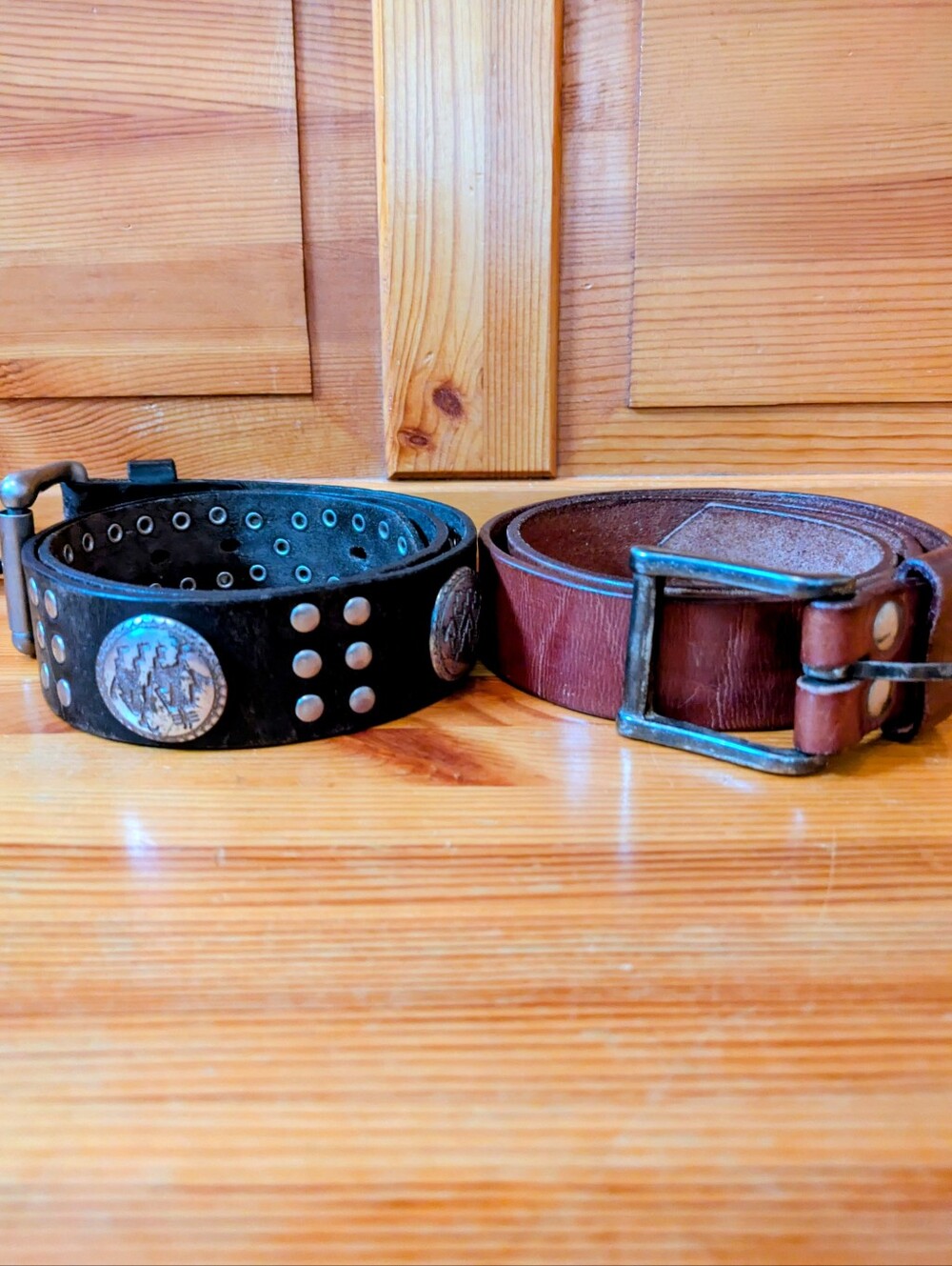 Vintage Leather Belts, Black Studded Leather Belt & Brown Leather Buckle Belt